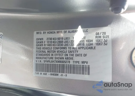 2021 Honda Odyssey Ex-L z USA, uszkodzony, nr VIN 5FNRL6H7XMB005278